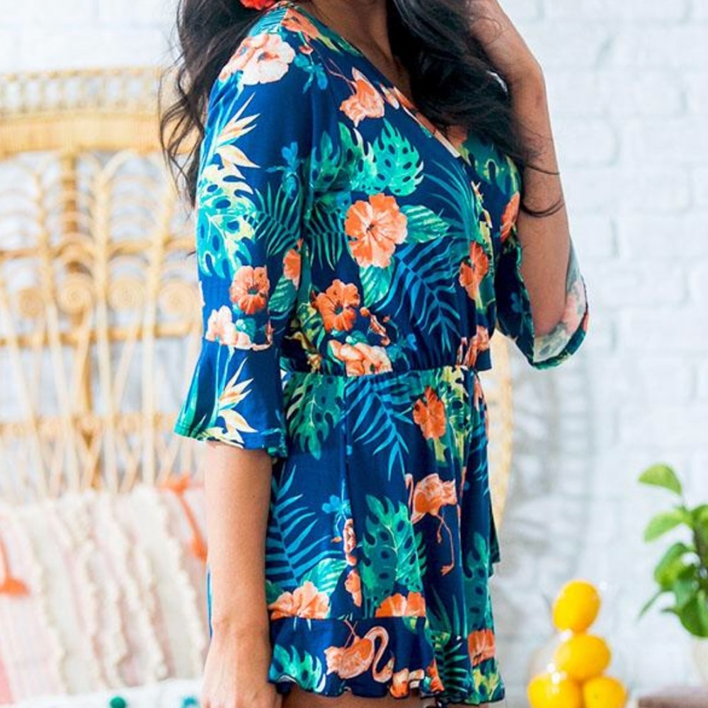 Tropical Flamingo Wrap Romper - Picture 2 of 5
